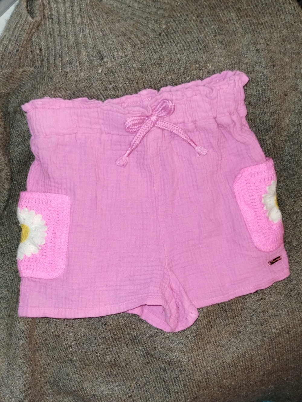 Tahari Girl Shorts Pink Elastic-Waist 100% Cotton Granny Square Pockets sz Small